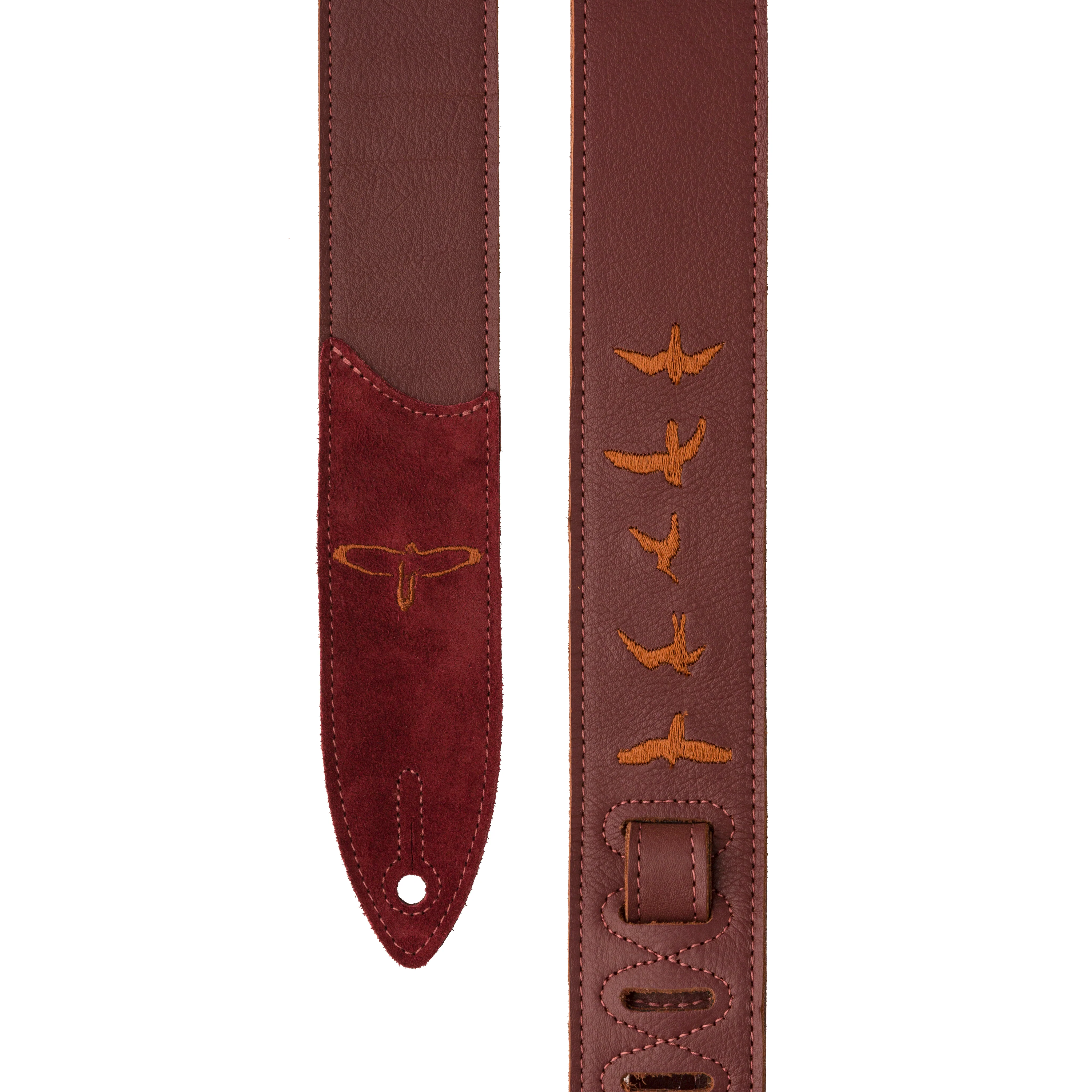 Premium Leather 2" Strap Embroidered Birds Burgundy - Image 2